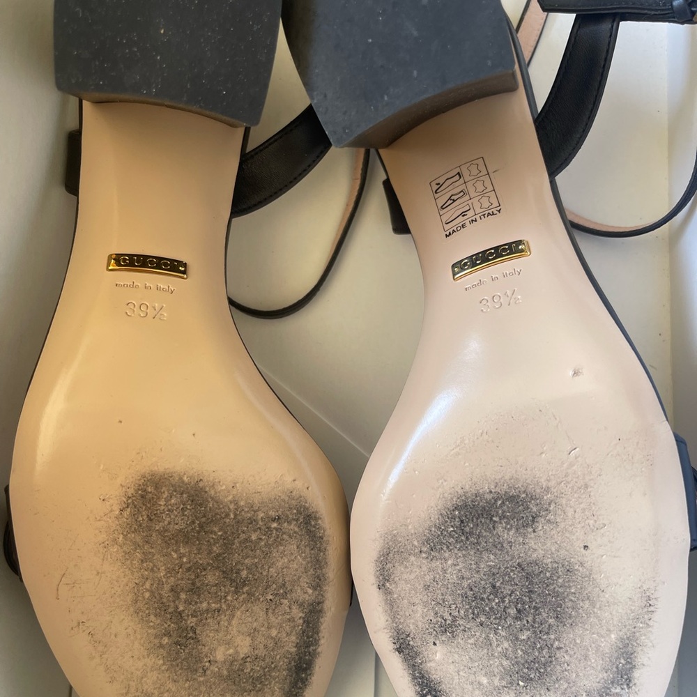 Gucci Black Leather Mid-Heel Slingback Sandals with Gold GG - Picture 3 of 5